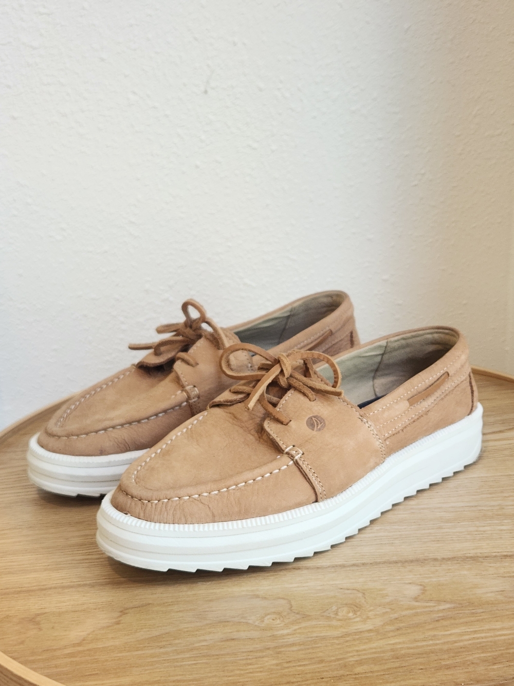 Sperry PlushStep Women's Tan Suede Boat Shoes with White Platform Sole